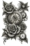 3 pocket watches surrounded by flowers intertwined tattoo design idea