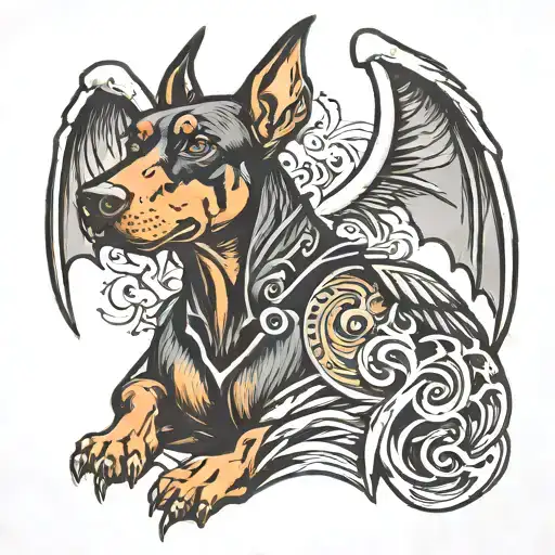 angry doberman dog with bat wings tattoo design idea