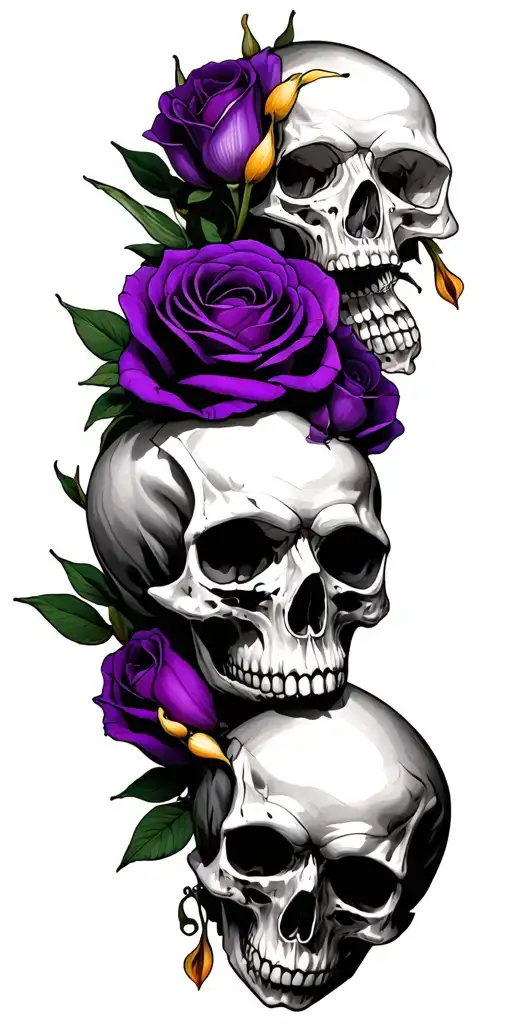 many small skulls with roses purple and white Cala lily tattoo design idea