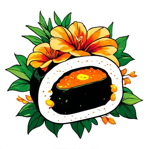 spam musubi American traditional style tattoo hawaiian flower back ground tattoo design idea