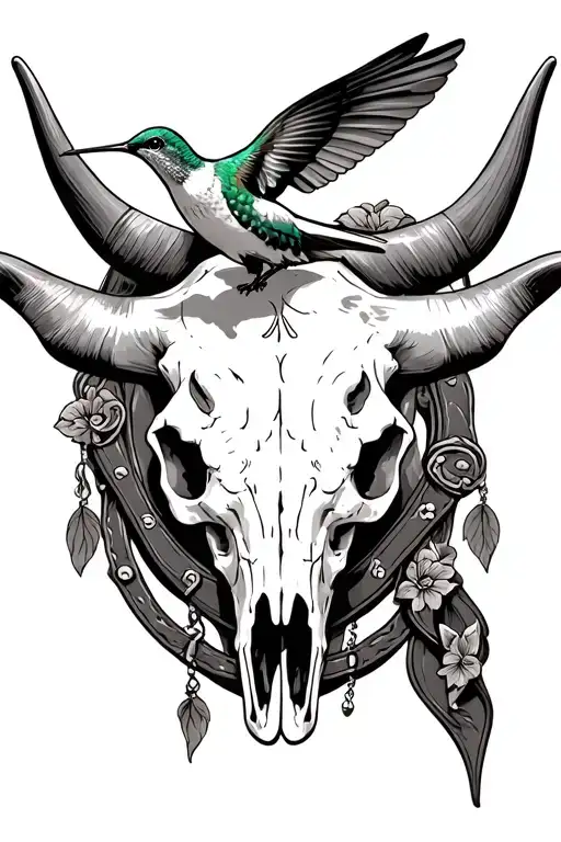 longhorn cow skull with hummingbird landing on horn and decorative leather belt on skull tattoo design idea