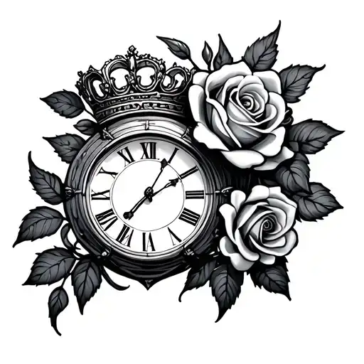 Rose crown and clock tattoo design idea