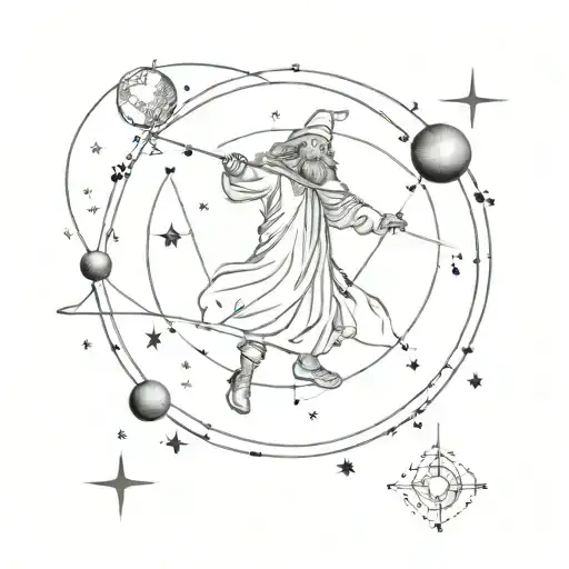 A celestial map of the stars and planets, with a wizard holding his staff pointing towards a specific constellation tattoo design idea