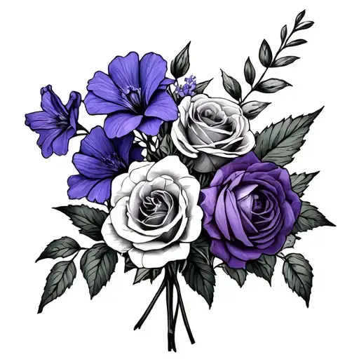 Larkspur, violet And Rose bouquet tattoo design idea