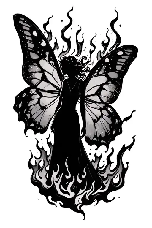 the silhouette of a woman engulfed in flames becoming a moth tattoo design idea