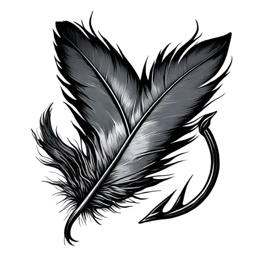 feather and fishing hook intertwined tattoo design idea