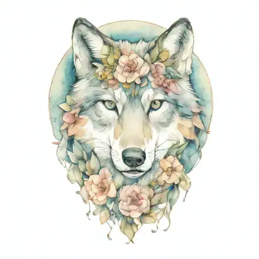 mama wolf head with flowers and butterflies soft eyes   tattoo design idea