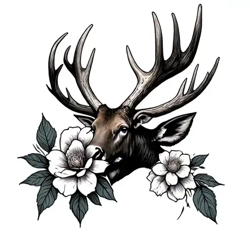 moose antler with flower tattoo drwwing tattoo design idea