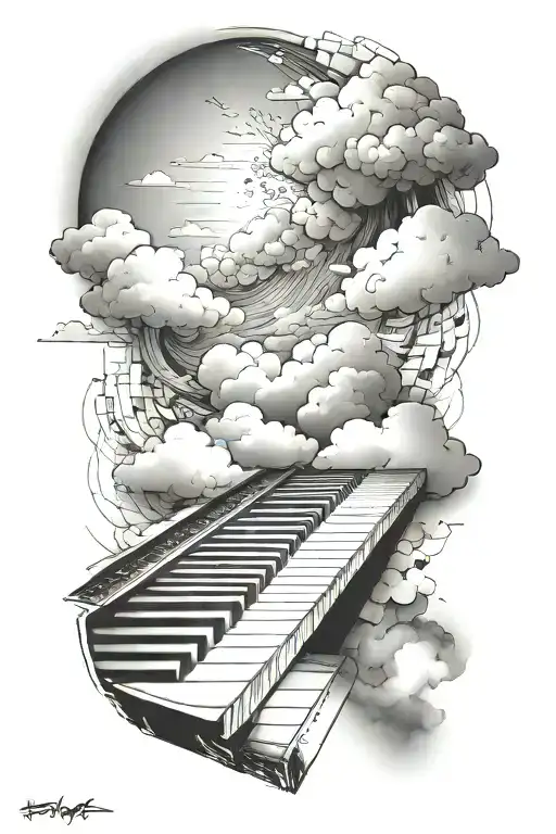 keyboard running down to wrist wrapping around forarm. clouds as filler tattoo design idea