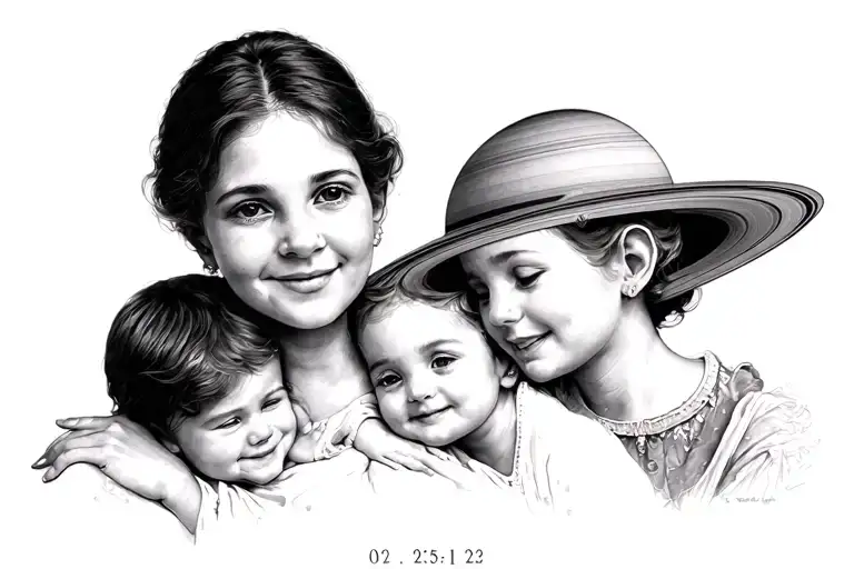 Mother with son, grandmother's hand, a small saturn dates 05/25/20, 02/15/22, 01/03,23, you live in my Saturn tattoo design idea