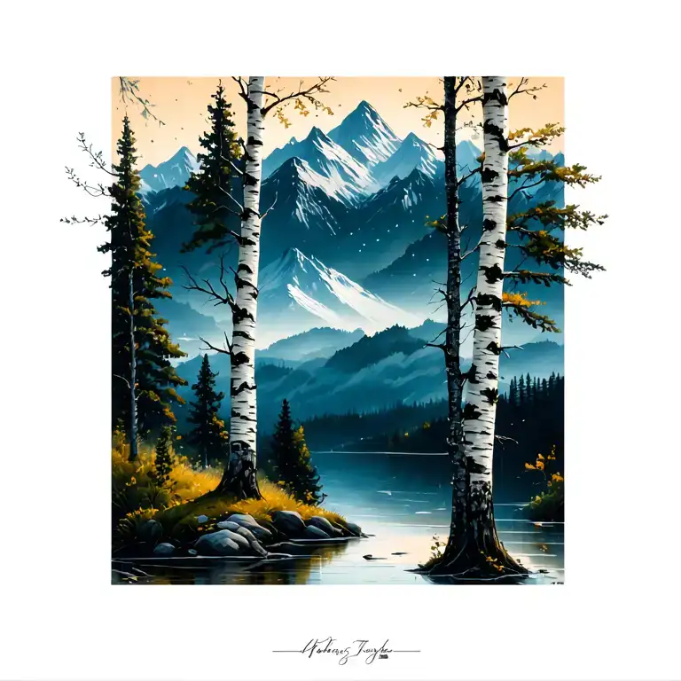 birch trees with mountains in the background tattoo design idea