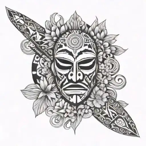 FIJIAN WAR CLUB WITH FIJIAN MASK AND FLOWERS tattoo design idea