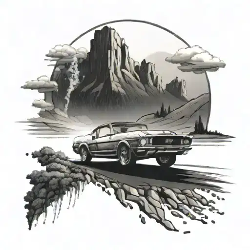 Create a tattoo design featuring a classic Ford mustang driving through a scenic American landscape tattoo design idea