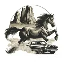Create a tattoo design featuring a classic Ford mustang driving through a scenic American landscape tattoo design idea