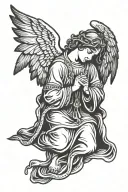 an angel with open wings,praying with a rosary in his hands tattoo design idea
