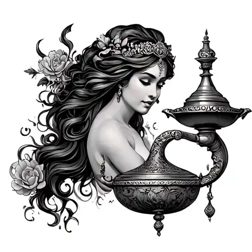 genie lamp with woman coming out tattoo design idea