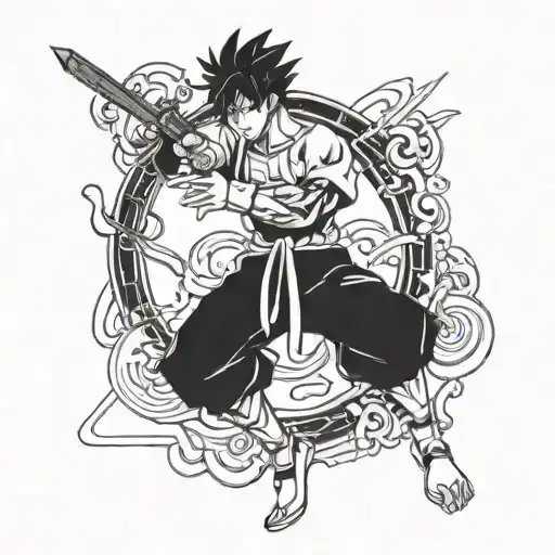 Blackwork An anime character in a fighting stance surrounded by digital elements representing IT tattoo design idea