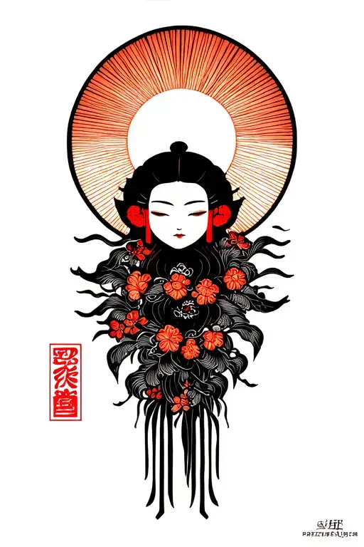 Japanese sun, Shinto shrine in a wood block print style tattoo design idea