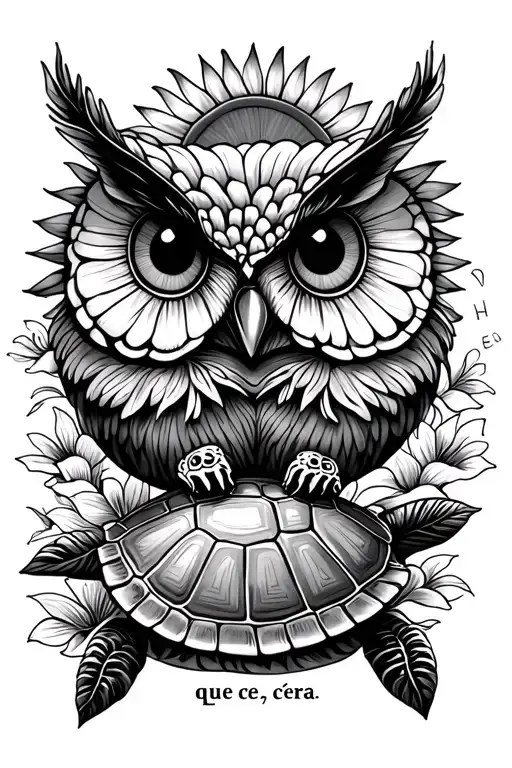 2 swimming turtle, flower owl, cute fine line tattoo, includ a simple Sicilian sun and the words 'que c'era, c'era' tattoo design idea