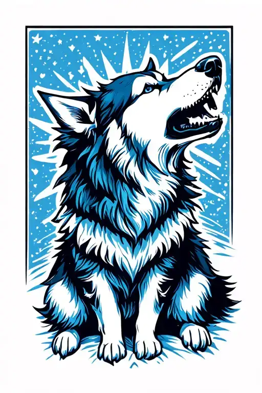 blue and white werewolf husky howling tattoo design idea