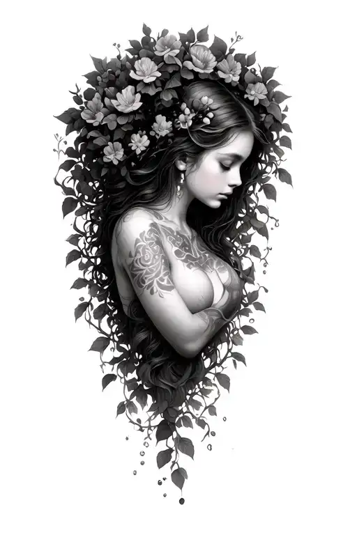 Tattoo of A girl floating or suspended by vines or flowers from the ceiling around her neck, evoking a dreamlike or emot tattoo design idea
