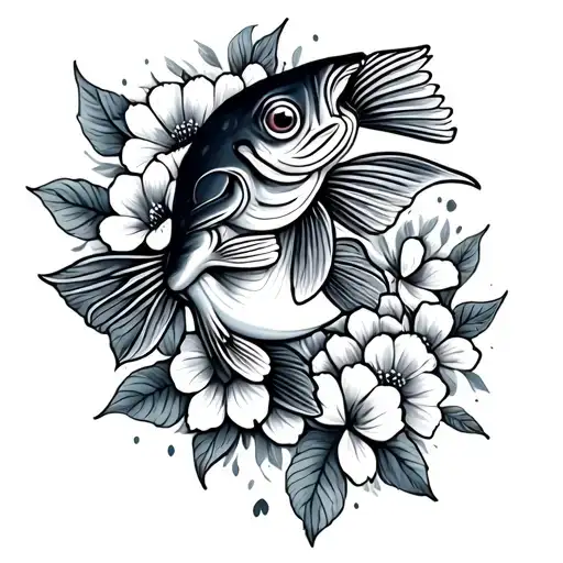 bass fish with flowers blooming tattoo design idea