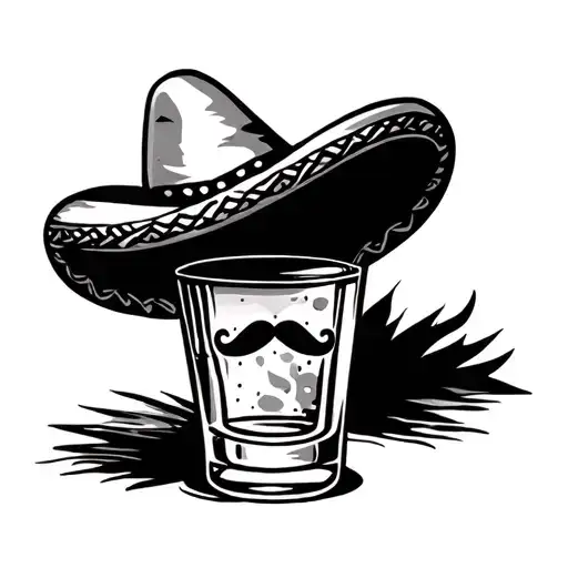 tequilla shot glass filled, with sombrero an mexican mustach tattoo design idea