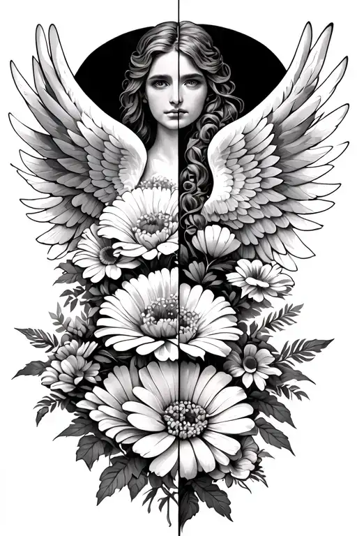 half angel wing spread with other half marigolds and cosmo flowers tattoo design idea