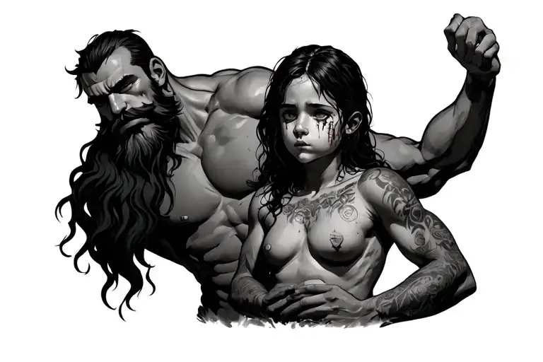 a child with a bruise on her neck with a tall man with a beard is protecting her tattoo design idea