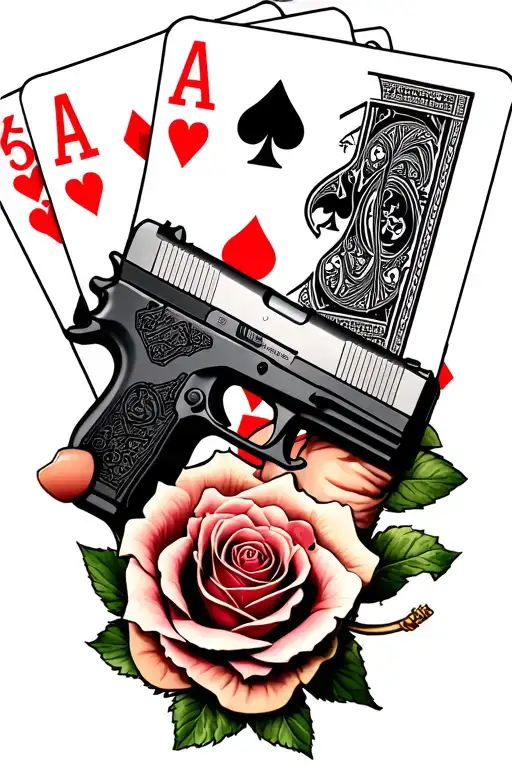 glock 19, Ace and 2 cards, roase's, life's reckless and rosery wrapped around the hand tattoo design idea
