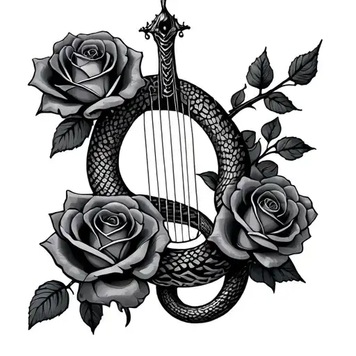 lyre roses snake wrapped tattoo design idea