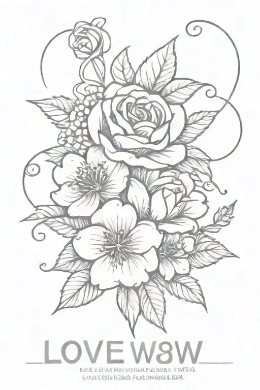 text "Love was the law and religion was taught" with flowers tattoo design idea