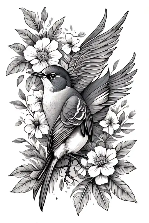 small bird with long tail curving around shoulder and goes down. flowers and leaves grow from feathers and tail tattoo design idea