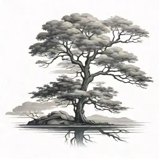 A serene landscape with a solitary tree standing tall, representing the beauty of solitude and self-reflection tattoo design idea