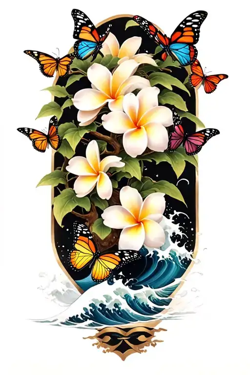 butterflies around a Frangipani tree with waves crashing tattoo design idea