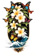 butterflies around a Frangipani tree with waves crashing tattoo design idea