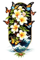 butterflies around a Frangipani tree with waves crashing tattoo design idea