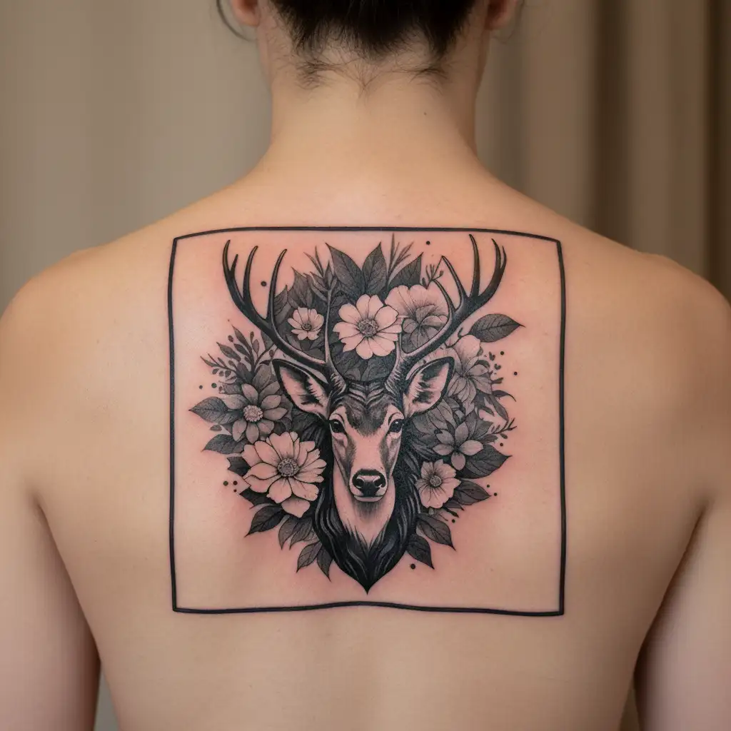 Mayan, flowers, nature, deer tattoo design idea