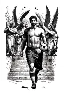  a man with a soccer ball in his hand walking up heaven Gates while angels watch over him  tattoo design idea