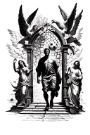 a man with a soccer ball in his hand walking up heaven Gates while angels watch over him  tattoo design idea