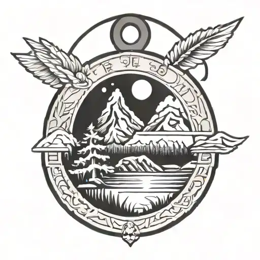 Combine a traditional military dog tag design with a serene landscape scene, symbolizing the journey from chaos to peace tattoo design idea