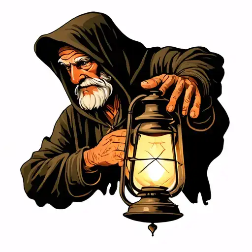 hooded old man holding lantern tattoo design idea