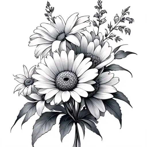 Make a tattoo of violet, daisy, Gladiolus and chrysanthemum, with thin delicate lines, no color, close together.  tattoo design idea