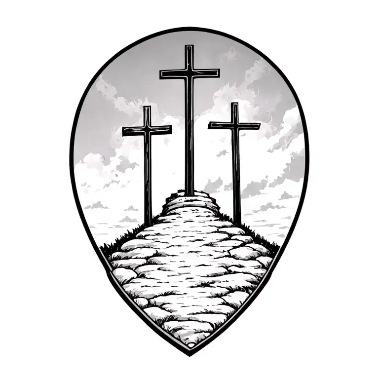 3 crosses on a hill with empty tomb  tattoo design idea