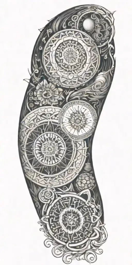 Blend Buddhist mandala, fine-line wood grain, anime elements, and subtle gaming symbols into a cohesive, flowing design tattoo design idea