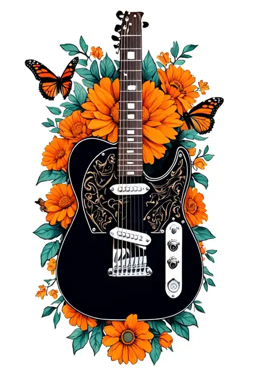A black Fender Telecaster guitar surrounded by orange flowers of the day of the dead and monarch butterflies tattoo design idea