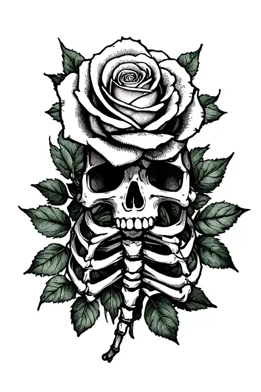 skeleton middle index thumb finger separate by a line with rose made by money on back hand tattoo design idea
