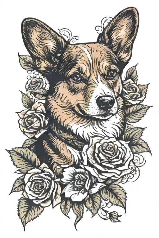 roses and pembroke welsh corgi playing tattoo design idea