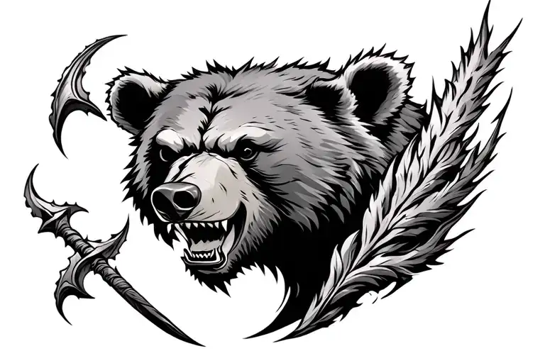A roaring bears head and one flail coming from each side. Chest piece tattoo design idea