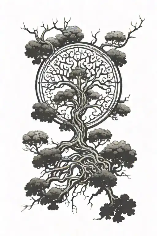 an all black tattoo for the lower arm picturing Yggdrasil with and Icelandic viking Veggvisir in the middle of the tree  tattoo design idea